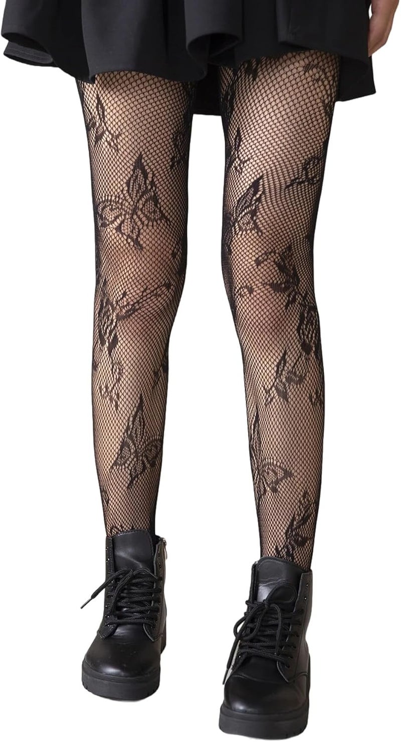 Amazleer Women's Fishnet Tights with Butterfly Flower Pattern, High Waist Mesh Stockings, Streetwear Leggings - Image 1